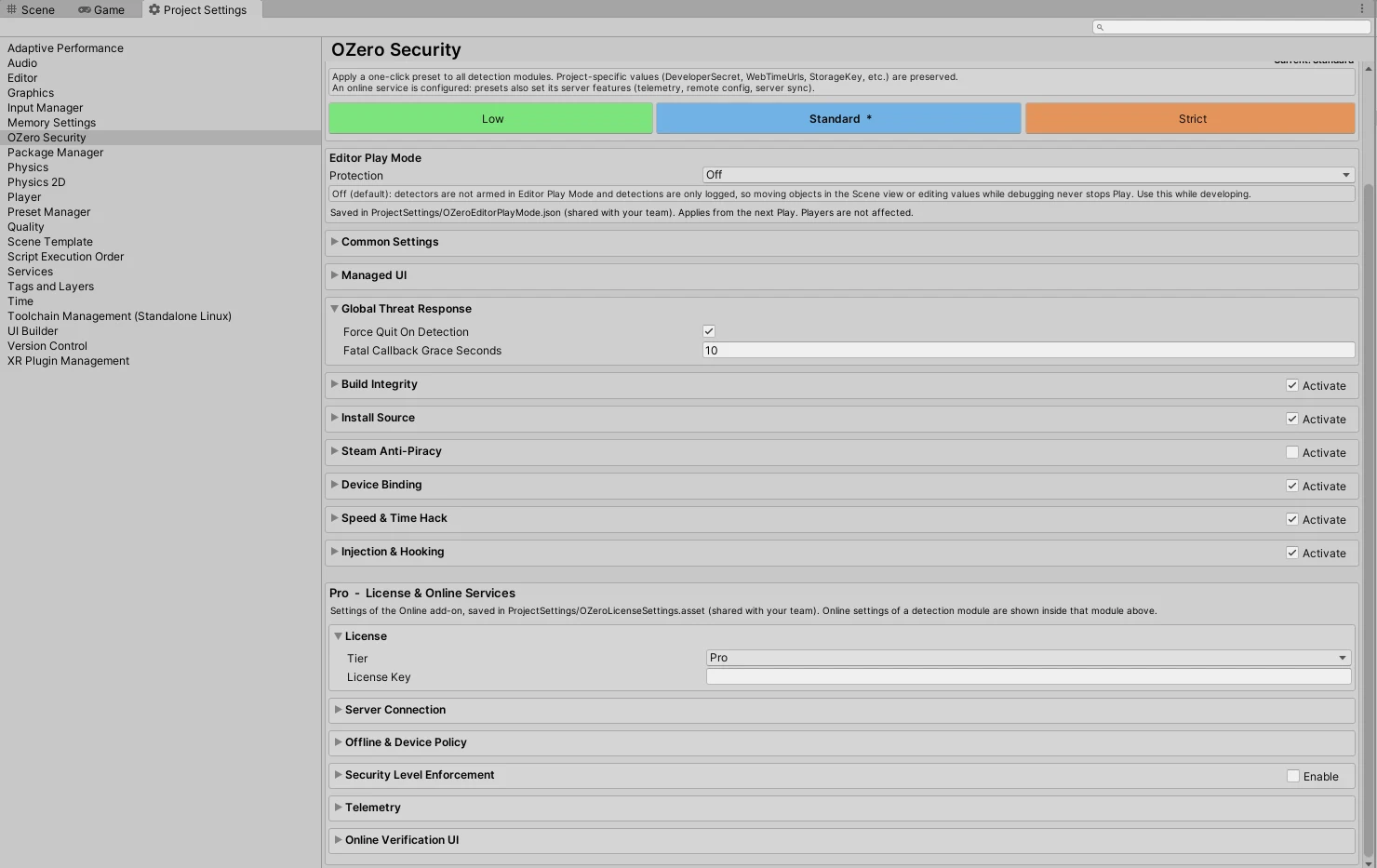 Pro - License & Online Services card at the bottom of the OZero Security page in Project Settings