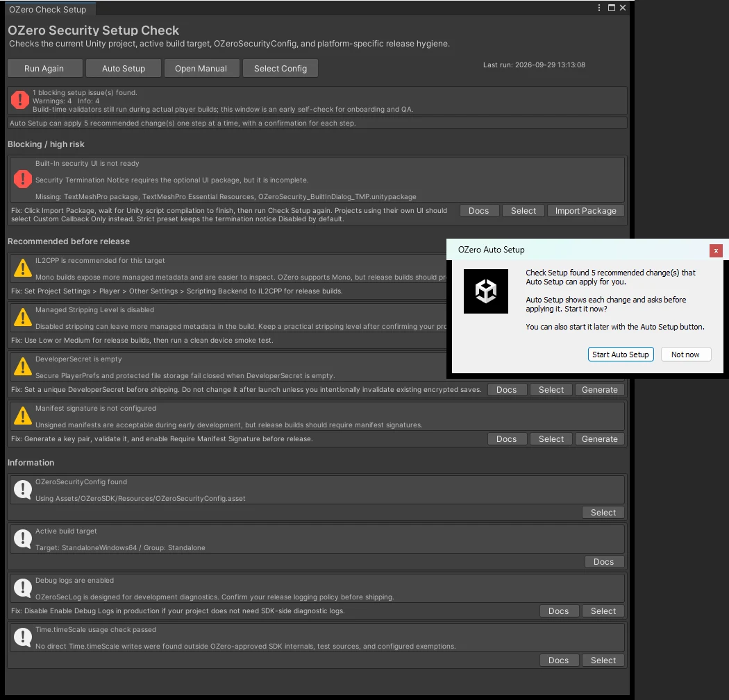 OZero Auto Setup prompt with Start Auto Setup and Not now over the Check Setup window