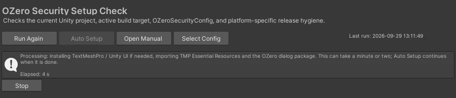 Auto Setup Processing screen with the elapsed time