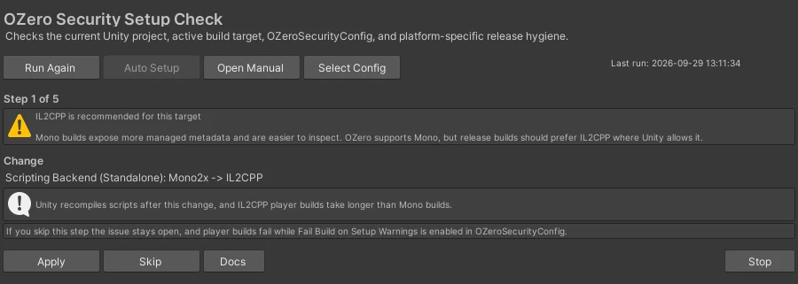 Auto Setup step 1 of 5 showing the change with Apply, Skip and Stop