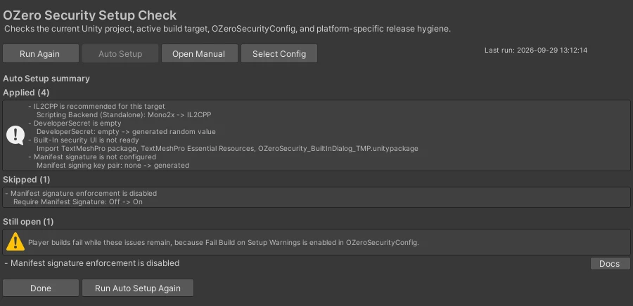 Auto Setup summary with Applied, Skipped and Still open