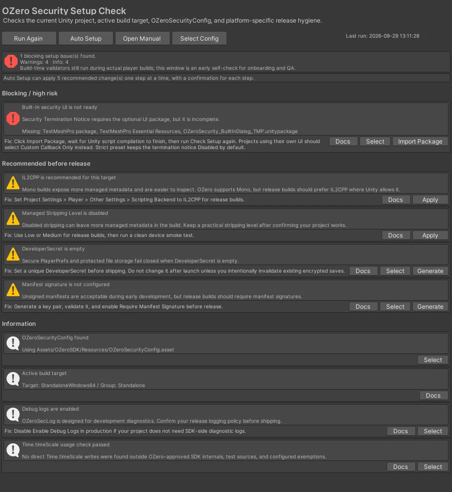 Check Setup window with one blocking issue, two warnings and the Auto Setup banner