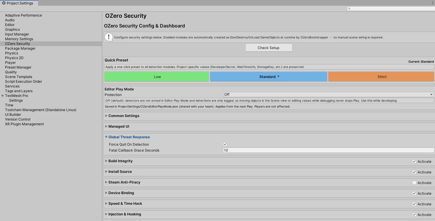 OZero Security page in Edit > Project Settings (Config & Dashboard)