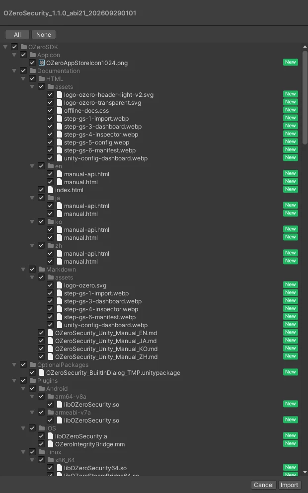 Import Unity Package dialog with all OZeroSecurity files selected