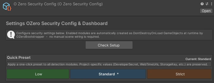 Security Config Quick Preset showing Current: Standard with the Standard button marked