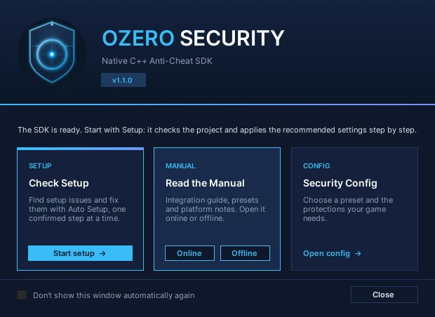 OZero Security Welcome window with Check Setup, Read the Manual and Security Config