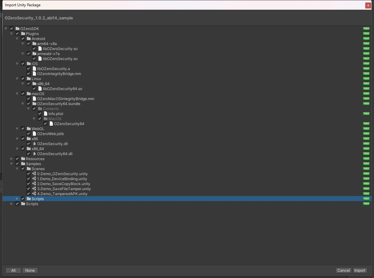 Import Unity Package dialog with all OZeroSDK files selected