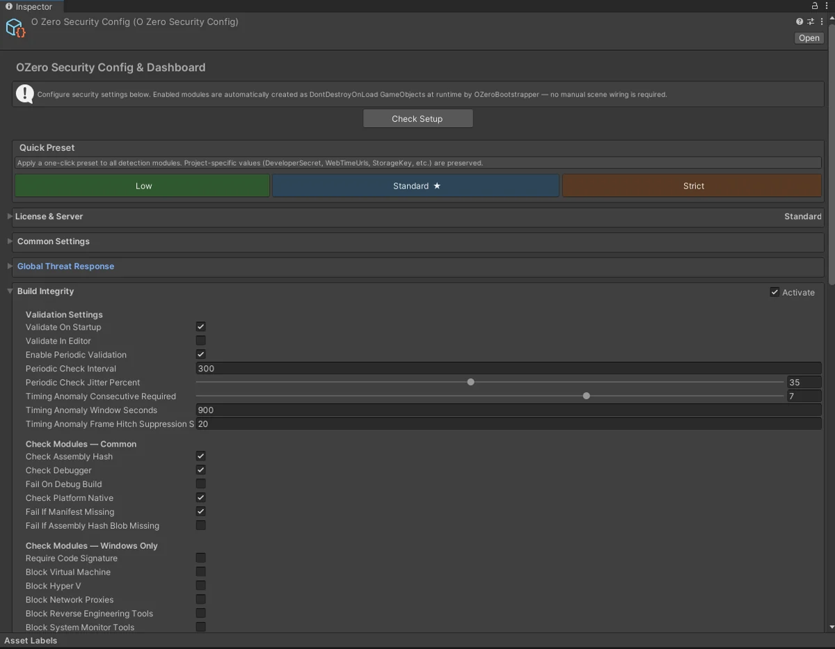 OZeroSecurityConfig Inspector panel in the Unity Editor