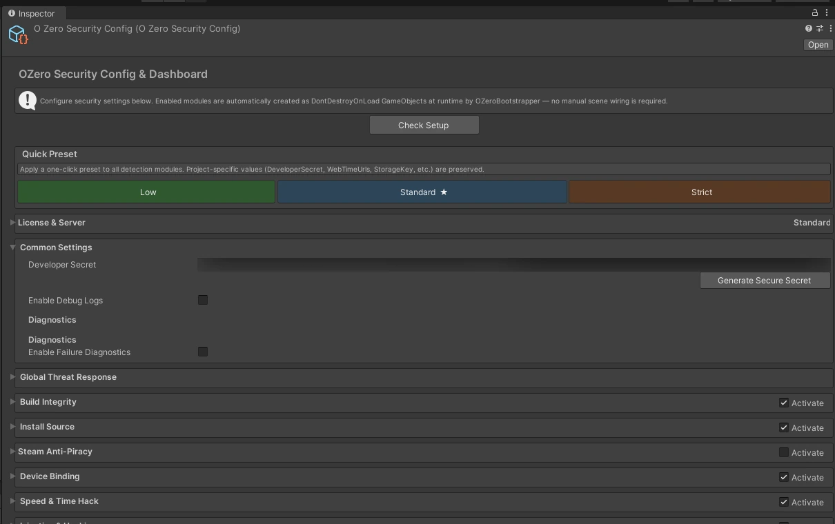 OZero Security Config and Dashboard in the Unity Editor