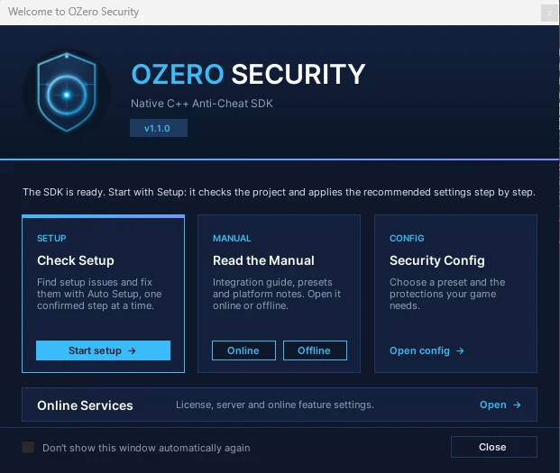OZero Security Welcome window with Check Setup, Read the Manual, Security Config and Online Services